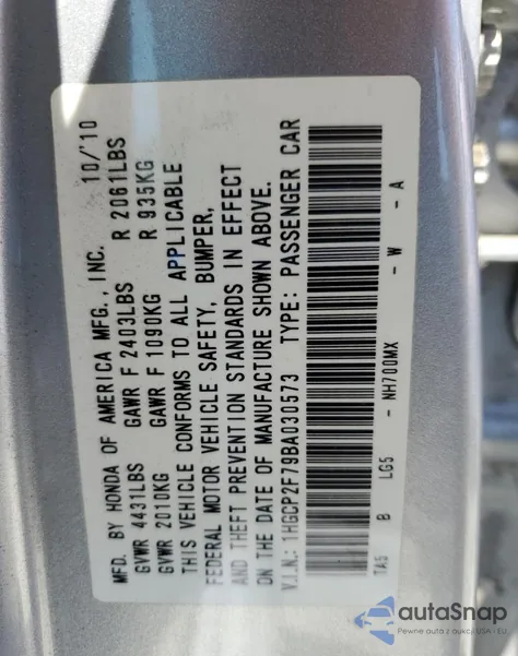 2011 Honda Accord Ex из США, поврежденный, VIN 1HGCP2F79BA030573